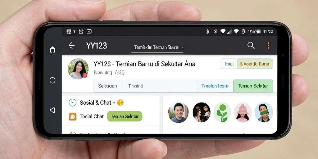 Tampilan antarmuka YY123 dengan fitur Teman Sekitar yang menarik.